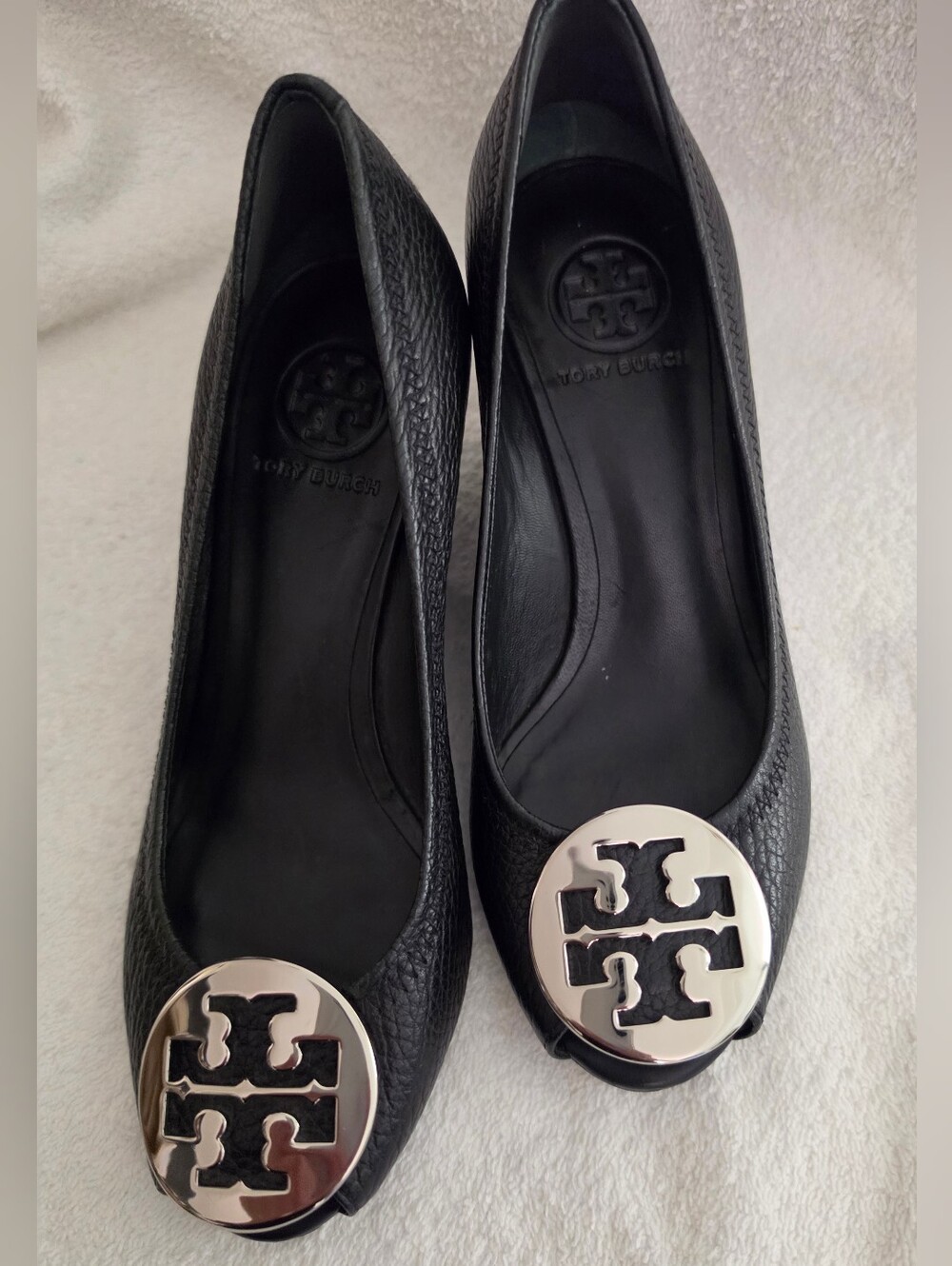 Tory Burch Black Pebbled Leather Wedge Flats with Silver Logo Medallions